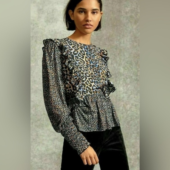 Anthropologie Bl^nk Moira Ruffled Peplum Leopard Print Top - Picture 2 of 10